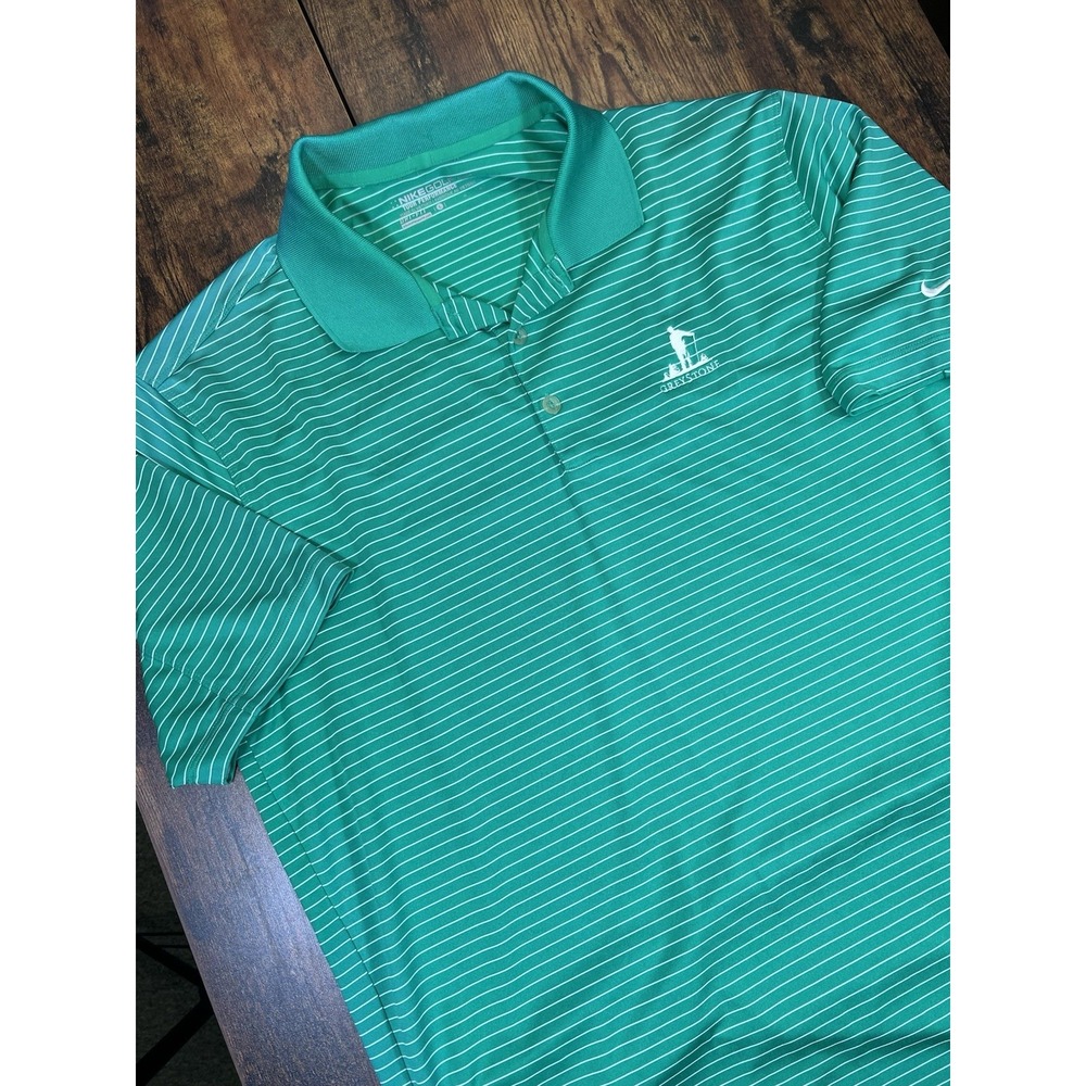 Nike Golf Mens Green White Striped Dri Fit Greystone Course Polo Shirt Large
